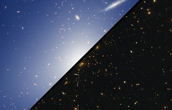 Comparison image: Hubble and HAWK-I explore a cluster with the mass of two quadrillion Suns