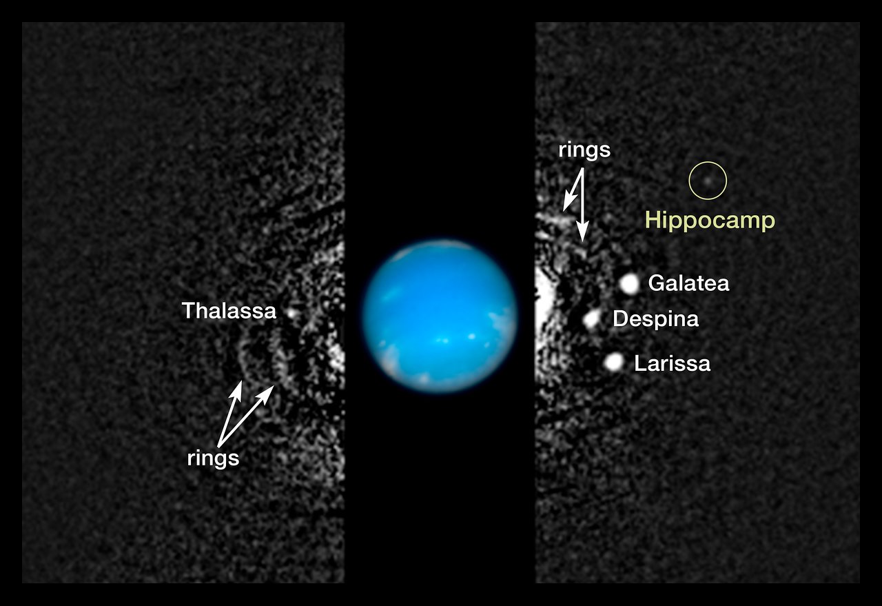 Hipocampo rodeada con un círculo como un punto de luz junto a Neptuno — Hubble, que la descubrió