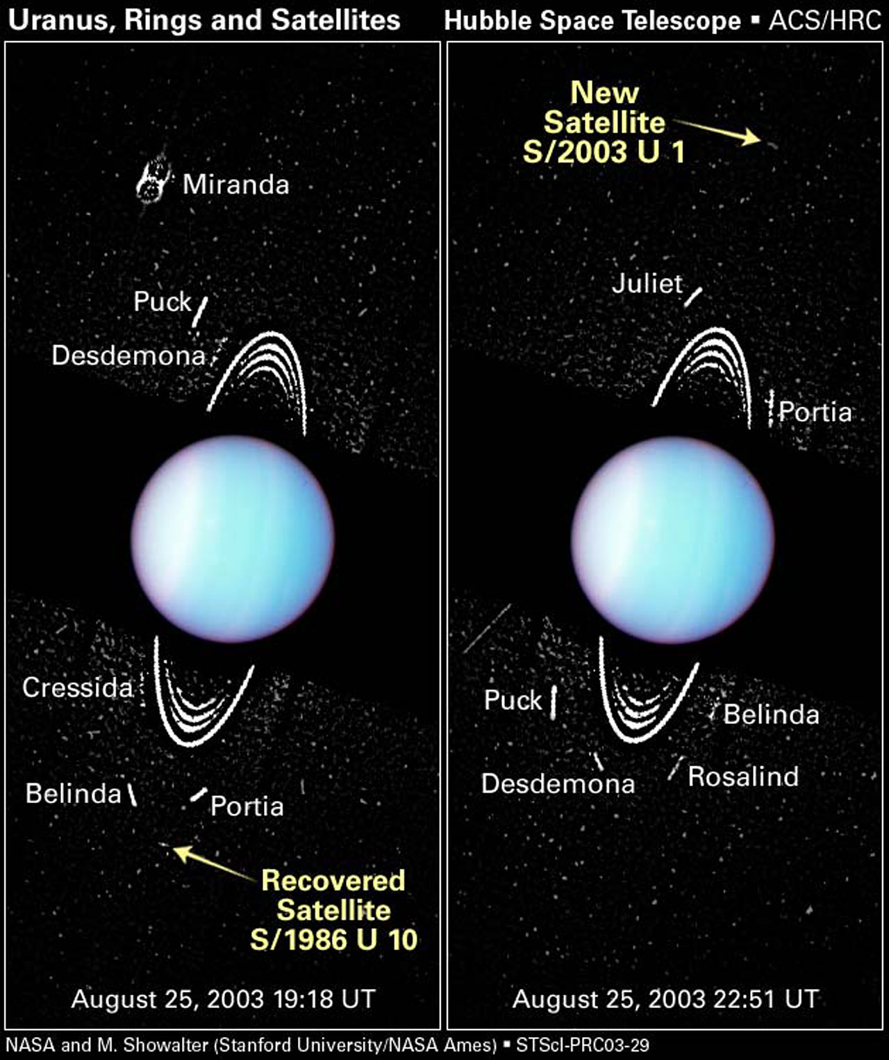 Mab en el año de su descubrimiento, señalada como el nuevo satélite S/2003 U 1 — Hubble