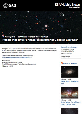 ESA/Hubble Science Release heic1201 - Hubble Pinpoints Furthest Protocluster of Galaxies Ever Seen