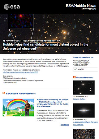 ESA/Hubble Science Release heic1217 - Hubble helps find candidate for most distant object in the Universe yet observed