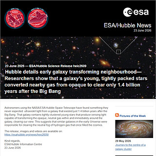 ESA/Hubble Science Release heic2609 - Hubble details early galaxy transforming neighbourhood — Researchers show that a galaxy’s young, tightly packed stars converted nearby gas from opaque to clear only 1.4 billion years after the Big Bang