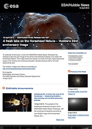 ESA/Hubble Photo Release heic1307 - A fresh take on the Horsehead Nebula — Hubble's 23rd anniversary image