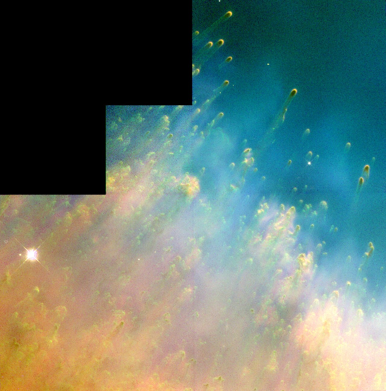 A typical image taken with the WFPC2 camera onboard Hubble. The four CCD chips are so close that the seams between them are difficult to see. They are all 800x800 pixels - also the smaller PC (Planetary Camera chip in the upper left corner)